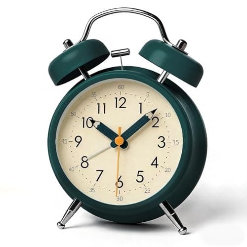 Image of Linlinwill Loud Alarm Clock for Heavy Sleepers, Silent Metal Alarm Clock Non Ticking, 4" Twin Bell Alarm Clock with Night Light, Battery Operated Analogue Alarm Clock for Bedroom (Green)