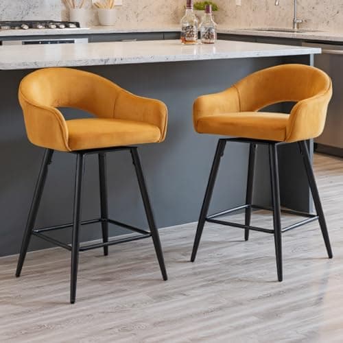 Image of chairus Swivel Breakfast Bar Stools with Legs Set of 2 Velvet Counter Height Stool Adjustable High Stool with Arms (Yellow(Velvet)-2)