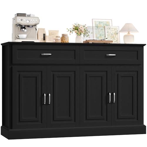 Image of FirFurd Sideboard Black Kitchen Sideboard Storage Cabinet Kitchen Buffet Cabinet with 4 Doors 2 Drawers Adjustable Shelves for Living Room Dining Room 140x39.5x92.2cm