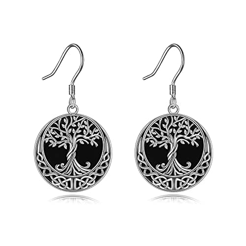 Image of YAFEINI Tree Of Life Earrings Sterling Silver Black Onyx Tree Of Life Dangle Drop Earrings For Women Jewellery