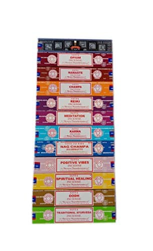 Image of Satya Incense Set 12 x 15gram Includes: Nag, Super Hit, Oodh, Positive Vibes, Namaste, Champa, Opium, Reiki, Spiritual Healing, Karma, Traditional Ayurveda and Meditation, Packs