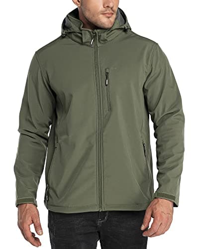 Image of 33,000ft Men's Softshell Waterproof Jackets Fleece Lining Outdoor Windproof Windbreaker Coats with Multi Pockets Removeable Hood Olive Green L