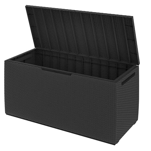 Image of Deuba® Capri 310 Litre Rattan Effect Garden Storage Box by KETER | 123x53x58cm Bench With 240kg Capacity | Lockable Cushion Organiser | Chest With Wheels Rollers | UV Resistant | Anthracite