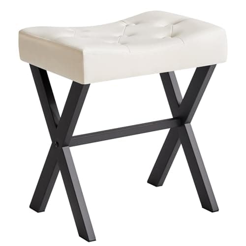 Image of IBUYKE U-shaped PU Vanity Stool, Square Makeup Stool with X-Leg, Ottoman Seat Footrest Stool, Multi-Use as Small Side Table, for Bedroom, Living Room, White WBD019W