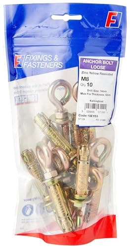 Image of ForgeFix Masonry Anchors - Eye Bolts | M8 | Zinc Yellow Passivated | Bag 10