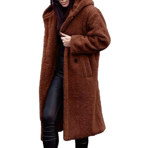 Image of Qolkmuiy-GJ Women Winter Hooded Fuzzy Fleece Coat Teddy Bear Long Faux Fur Coats Solid Color Button Down Open Front Outwear (Brown 1,L)