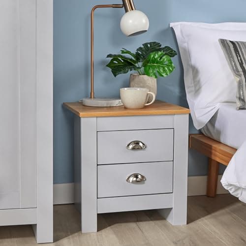 Image of Home Source Bedroom 2 Drawer Bedside Nightstand, Oak Effect Top, Metal Handles, Grey