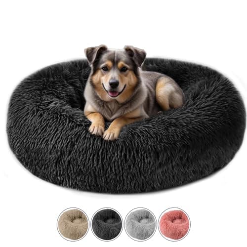 Image of ELYF Plush Donut Dog Bed (80cm) - Calming Cat Bed for Indoor Cats Self-Warming Round Pet Cushion with Anti-Slip, Waterproof Base & Reversible Design, Machine Washable - Dark Grey