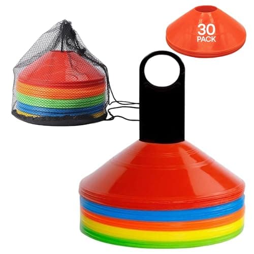 Image of Shawcroft Football Training Cones Set – Marker Cones for Football, Rugby & Fitness Drills – Sports Disc Cones with Carry Stand & Mesh Bag – Indoor & Outdoor Training Equipment for Kids & Adults (30)