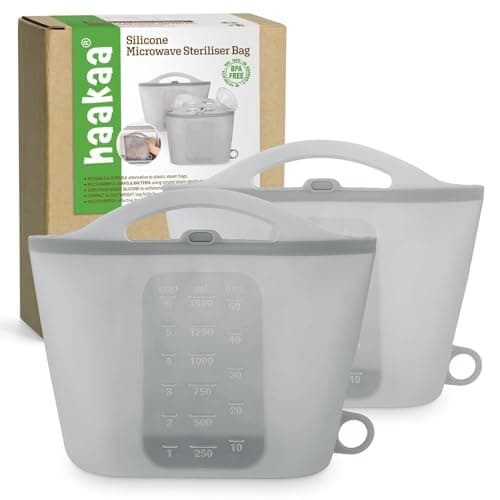 Image of Haakaa Silicone Microwave Steam Sterilizer Bags, Reusable Silicone Steaming Bags for Baby Bottles, Breast Pump, Accessories, Pacifiers and Teethers, Great for Home and Travel, Grey (2PCS)