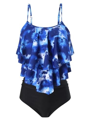Image of FLYILY Women Two Piece High Waisted Swimwear Tankin Sets Ruffle Ruched Bathing Suit Swimming Costume(2-Blueprint,XL)