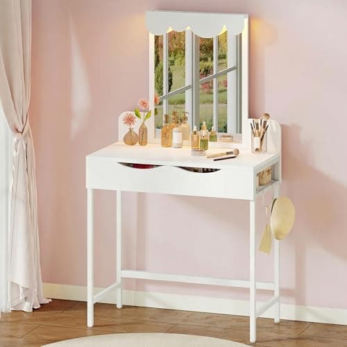 Image of YITAHOME Dressing Table, Cloud-Shaped Modern Vanity with Mirror, 3-Colour LED Light Strip, Large Drawer & 2 Side Compartments, MDF Makeup Table with Anti-Tipping Kit, White, 80x40x140 cm