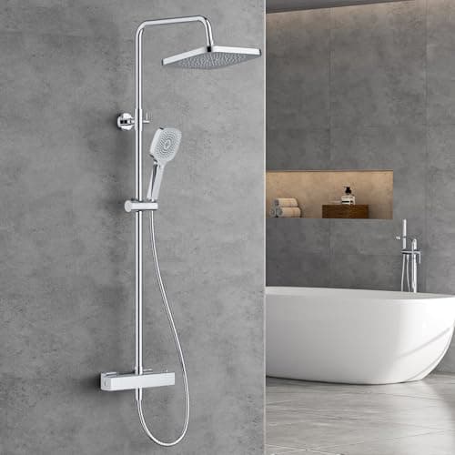 Image of FORIOUS Thermostatic Shower Mixer Set - Stainless Steel Bar with 25cm Square Overhead Rainfall, 3-Jet Types Hand Shower, Adjustable Height Rod Shower System