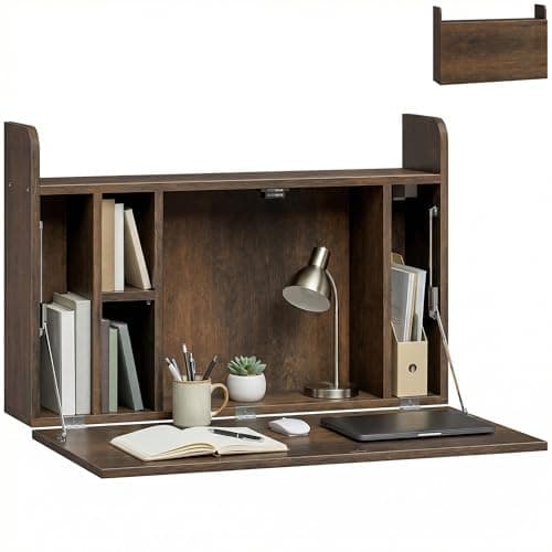 Image of HOMCOM Wall Mounted Desk, Drop Leaf Floating Laptop Desk with Space Saving Storage Compartments for Home Office and Study, 77cm x 20cm x 51cm, Dark Brown