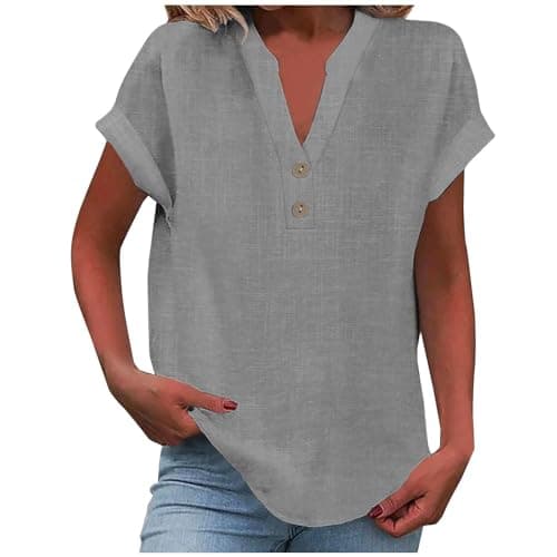 Image of AMhomely Womens Tshirts Cotton Linen V Neck Cap Sleeve Shirt Summer Fashion Casual Cotton Linen Blouses Trendy Tops