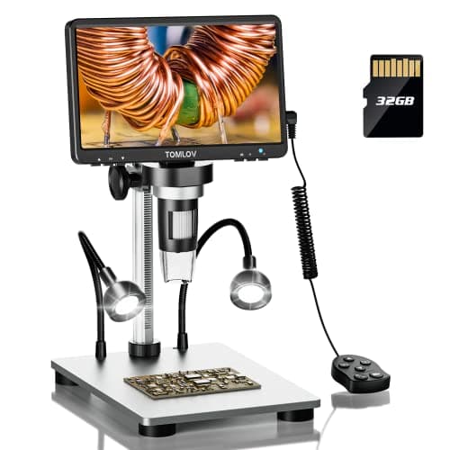 Image of TOMLOV DM9 7" LCD Digital Microscope 1300X, 12MP Coin Magnification, 1080P HD Video Soldering USB Scope for Adult, with LED Light, Adjustable Metal Stand, PC/Windows/Mac Compatible, 32GB Card