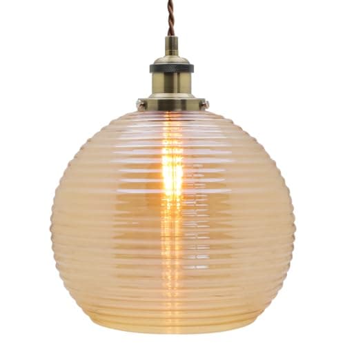 Image of Ribbed Glass Globe Pendant Light Amber Modern Vintage Smoked Glass Ceiling Pendant Lamp Brass Fitting K408