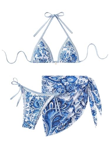 Image of GORGLITTER Women's 3 Piece Swimsuits Floral Boho Halter Triangle Tie Side Bikini Set with Sarong Swimwear Blue and White Small