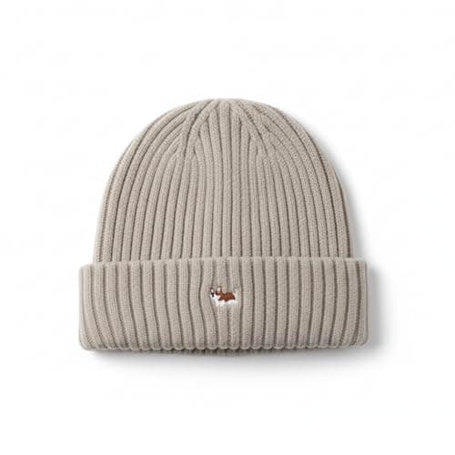 Image of PHITALO Unisex Winter Hat, Fine Knit Beanie with Corgi Embroidery, One Size 54-59 cm, Autumn and Winter, light beige