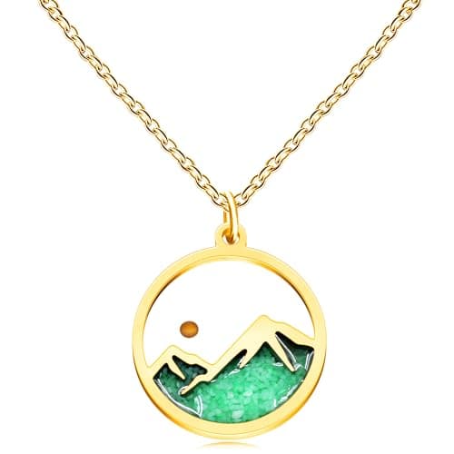 Image of JunyiDIY Women's Green Luminous Necklace | Gold Plated Mountain and Mustard Seed Pendant | Religious Faith Jewelry Gift for Fiancée GF BFF YA5070