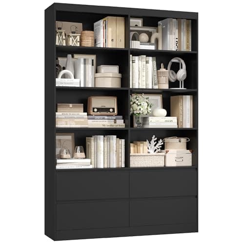 Image of FirFurd Bookcase Black Bookshelf 6 Tier Living Room Bookcase with Drawers 8 Open Compartments Free Standing Display Shelf Tall Shelving Unit for Home Office 120x30x180cm