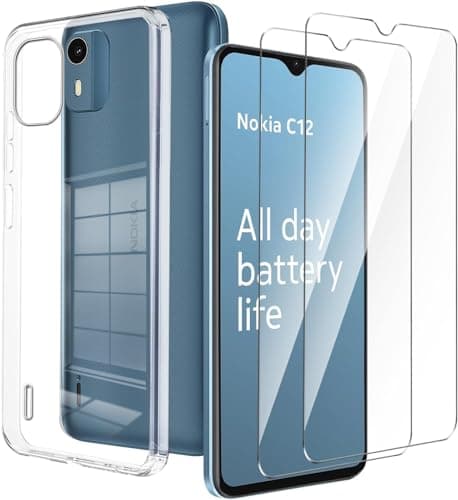 Image of PIXFAB for Nokia C12 Case, [Ultra Slim] Scratch Resistant TPU Gel Rubber Soft Skin Silicone [Protective Case] Cover and [2 Pack] Tempered Glass Screen Protector for Nokia C12 - Clear