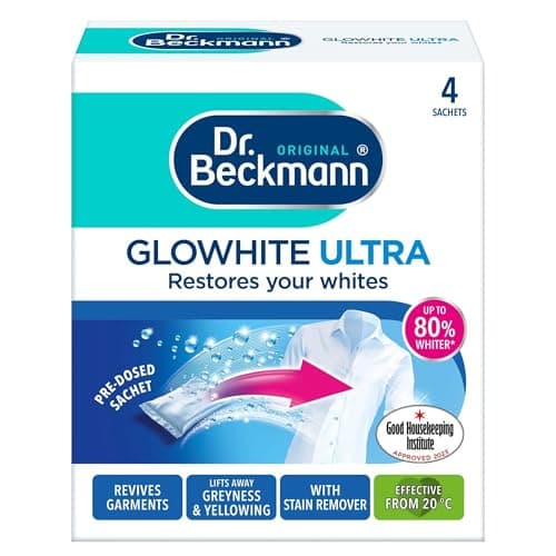 Image of Dr Beckmann Glowhite Ultra Fabric Whitener 4 x 40g Sachets White Laundry Whitener Restores Whites Removes Greyness & Yellowing Works with Detergent
