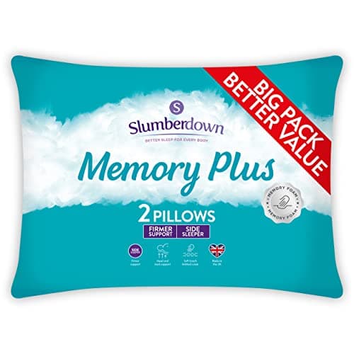 Image of Slumberdown Memory Foam Pillows 2 Pack - Breathable & Supportive Back & Side Sleeper Pillow for Neck and Shoulder Pain Relief | Soft Touch Knit Cover, UK-Made, Non-Allergenic, Easy Care (38 x 64cm)