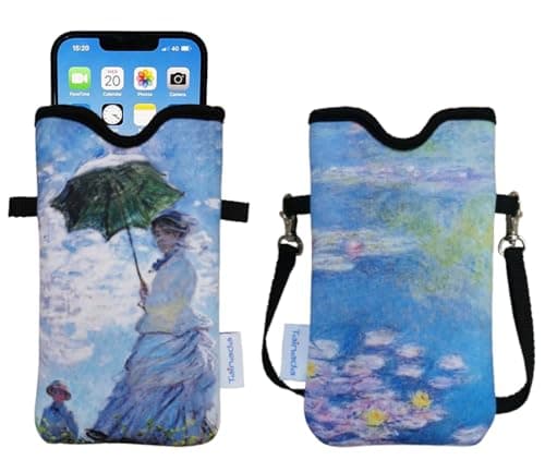 Image of Tainada Men Women Neoprene Mobile Phone Sleeve Pouch Case Bag w/Crossbody Strap/Neck Lanyard for iPhone 17/16 Pro Max, Air, 16/15 Plus, 16e; Samsung S25+, S24, A56 (Monet Water Lilies)