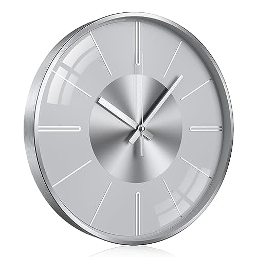 Image of TOKTEKK Wall Clock 30.48cm Round Silent Non Ticking Modern Decorative Clock Battery Operated for Living Room Bedroom Kitchen Office Home Decor Silver White Aluminium