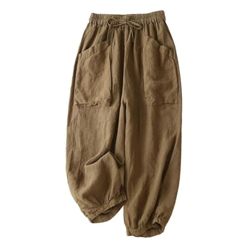 Image of Women's Boho Cotton-Linen Harem Pants - Nine-Tenths Length Wide Leg Trousers with Oversized Pockets, Breathable Casual Palazzo Pants for Summer Comfort Coffee