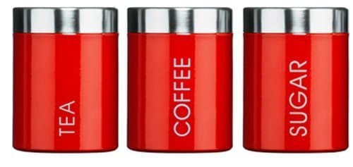 Image of Kabalo Red Set of 3 Tea Coffee & Sugar Canisters Kitchen Storage Containers Jars Pots (10cm x 12cm each)