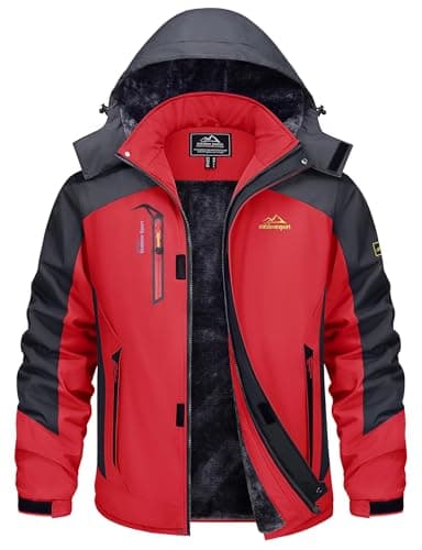 Image of TACVASEN Men Skiing Jacket Waterproof Work Jacket Windproof Winter Coat Hiking Camping with Zipper Pocket Red,M