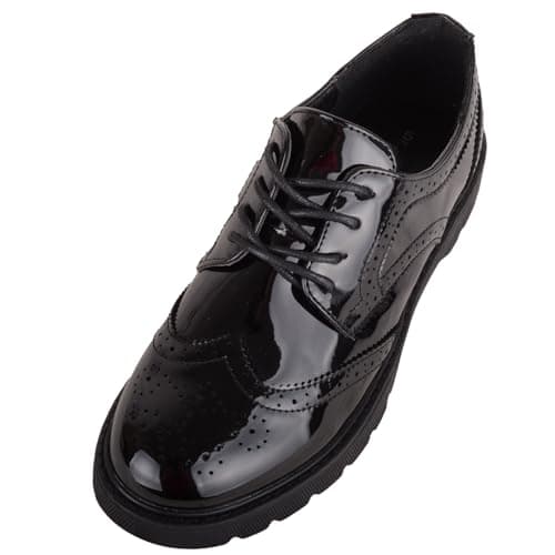 Image of Childrens Kids Juniors Lace Up Faux Leather Smart School Brogue Shoe - Black Patent - UK Child 13
