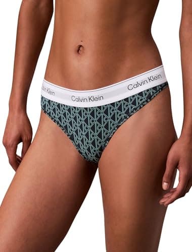 Image of Calvin Klein Women’s Stretch Thong, Green (Bijou Modern Emblem Outline+Stratif), S