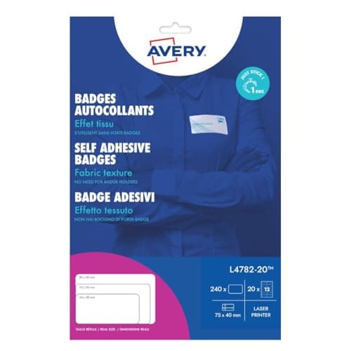 Image of Avery L4782-20 Printable Silk Acetate Name Badges, 75 x 40 mm, White, 240 Self-Adhesive Badges, Laser Printer Compatible, Removable, PVC-Free