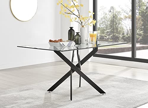 Image of Furniturebox UK Glass Dining Table - Leonardo 6 Seater Black Leg Rectangular Tempered Glass & Metal Modern Stylish Dining Table 150cm x 90cm