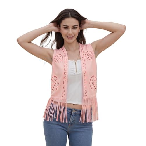 Image of Edhomenn Women's Tassel Vest 70s Hippie Faux Suede Fringe Jacket Cardigan Solid Color Open Front Sleeveless Y2k Jacket (10 Pink, M)
