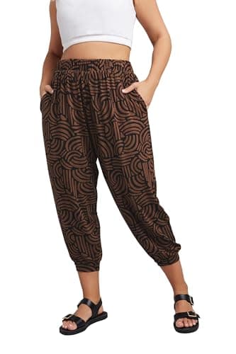Image of Yours Curve Abstract Print Cropped Balloon Joggers - Women's - Plus Size Curve Brown