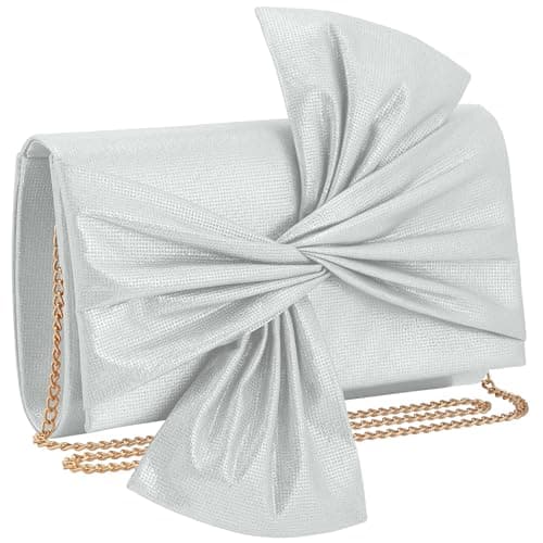 Image of wocharm Womens Bow Satin Clutch Bag Evening Bag Formal Vintage Shining Handbags for Bridal Wedding Party, Silver