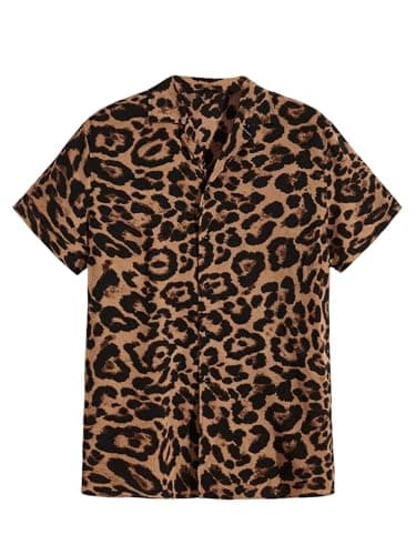 Image of GORGLITTER Men's Leopard Print Button Front Shirts Lapel V Neck Short Sleeve Rave Shirt Khaki Large