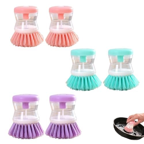 Image of 6 PCS Dish Brush with Soap Dispenser, Two in One Multifunctional Design Washing Up Brush, Soft Pressing Design Dish Brushes for Washing Up Suitable for Cleaning Pots Bowls and Kitchen Utensils