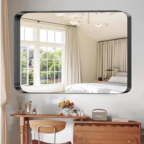 Image of Clevich Wall Mirror, 90x60cm Rectangle Bathroom Mirror with HD Explosion-proof Tempered Glass, Black Aluminum Alloy Frame，Curved Corners & Pre-installed Hooks for Living Room/Bedroom/Entryway/Hallway