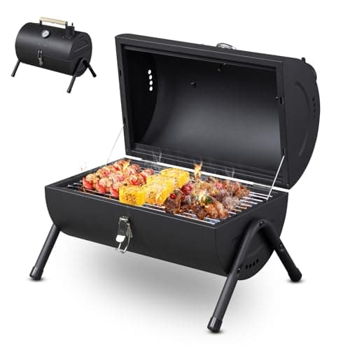 Image of ROVSON Portable BBQ Charcoal Grill, Tabletop Oil Drum Barbecue Smoker with Chimney, Camping Gadgets for Outdoor Cooking