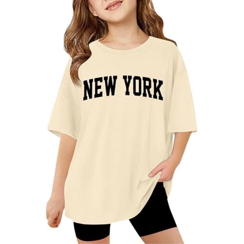 Image of Girls Short Sleeve T Shirts Kids Round Neck Funny Girls Tshirts Teenage Comfy Summer Cartoon Cute Casual Sports Loose School Tunic Tops 3-14 Years (Beige, 13-14 Years)