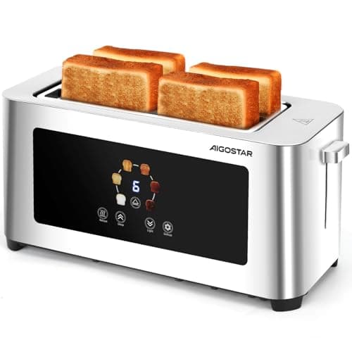Image of Aigostar 4-Slice Long Slot Toaster Stainless Steel, Extra-Wide Slots, Digital Touch Control, 6 Browning Levels, Defrost Cancel Reheat Functions, 1400W – Perfect for Thick & Thin Bread