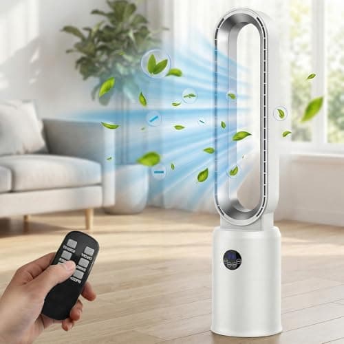 Image of MoraRise Bladeless Tower Fan with Anion Air Purifier, 97cm Cooling Fan with Remote, 24 Speeds, 90° Oscillation, 12H Timer, Ultra-Quiet Floor Fan for Home Office Bedroom (White/Silver)