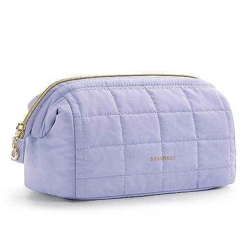Image of BAGSMART Makeup Bag Travel Cosmetic Bag, Puffy Padded Make Up Bags for Women, Large Capacity Wide-Open Travel-Size Toiletries Pouch, Purple