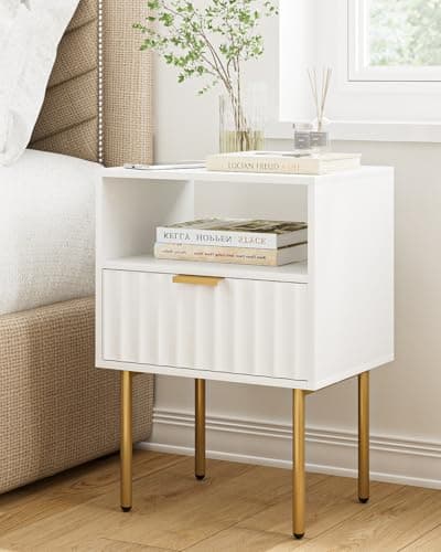 Image of Apetaccat White Wooden Bedside Table with Gold Frame,Nightstand Drawer and Shelf,Modern Bedroom Furniture for Living Room or Bedroom, White,Medium