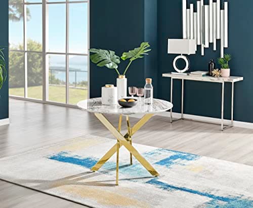 Image of Furniturebox UK Novara 100cm Round Dining Table, White Marble Effect & Gold Starburst Legs